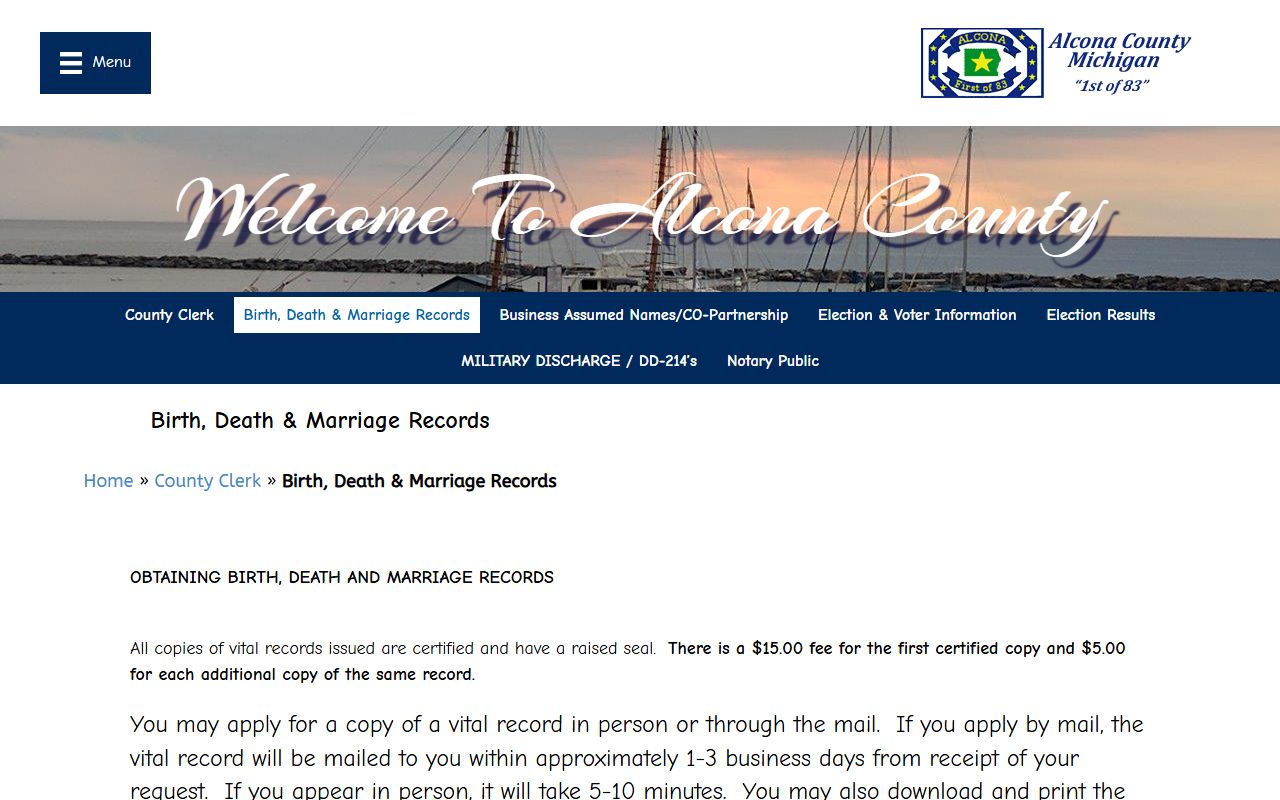 Alcona County Clerk vital records request page