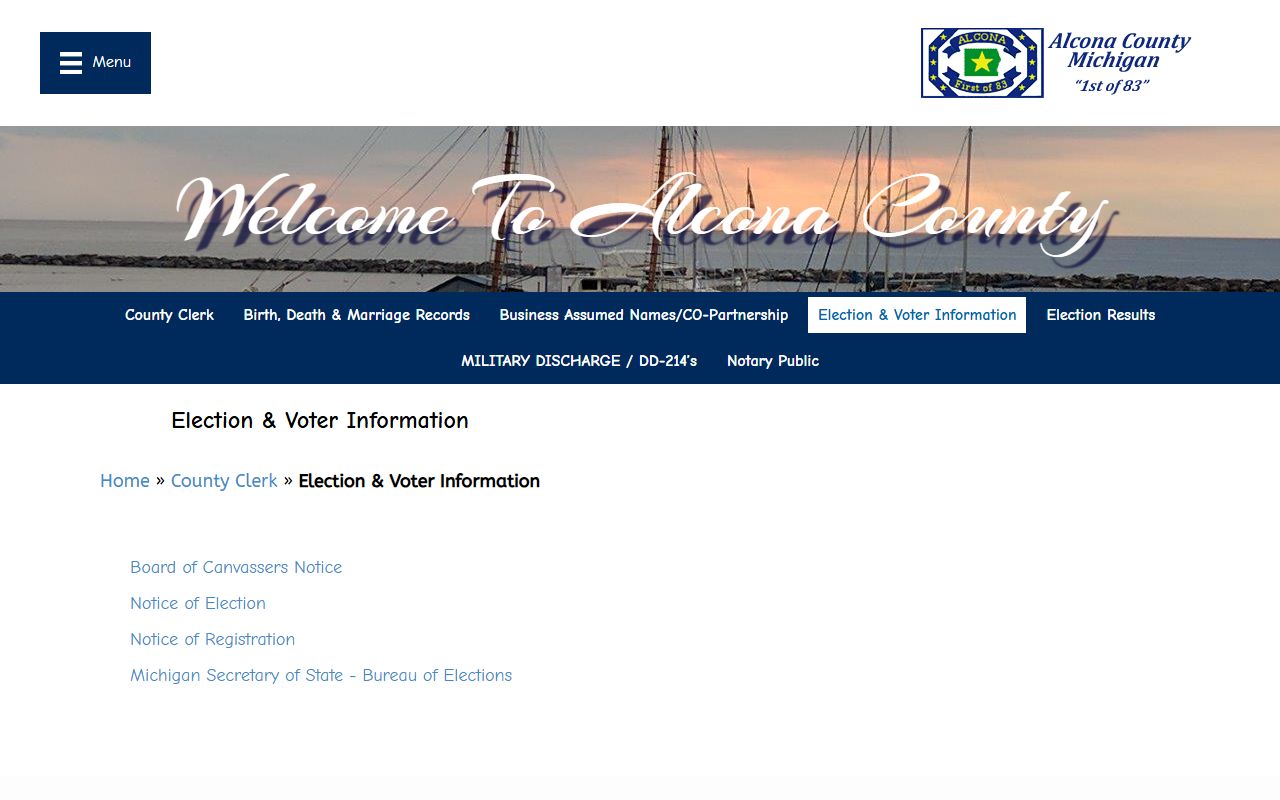 Alcona County Clerk election and voter information records page