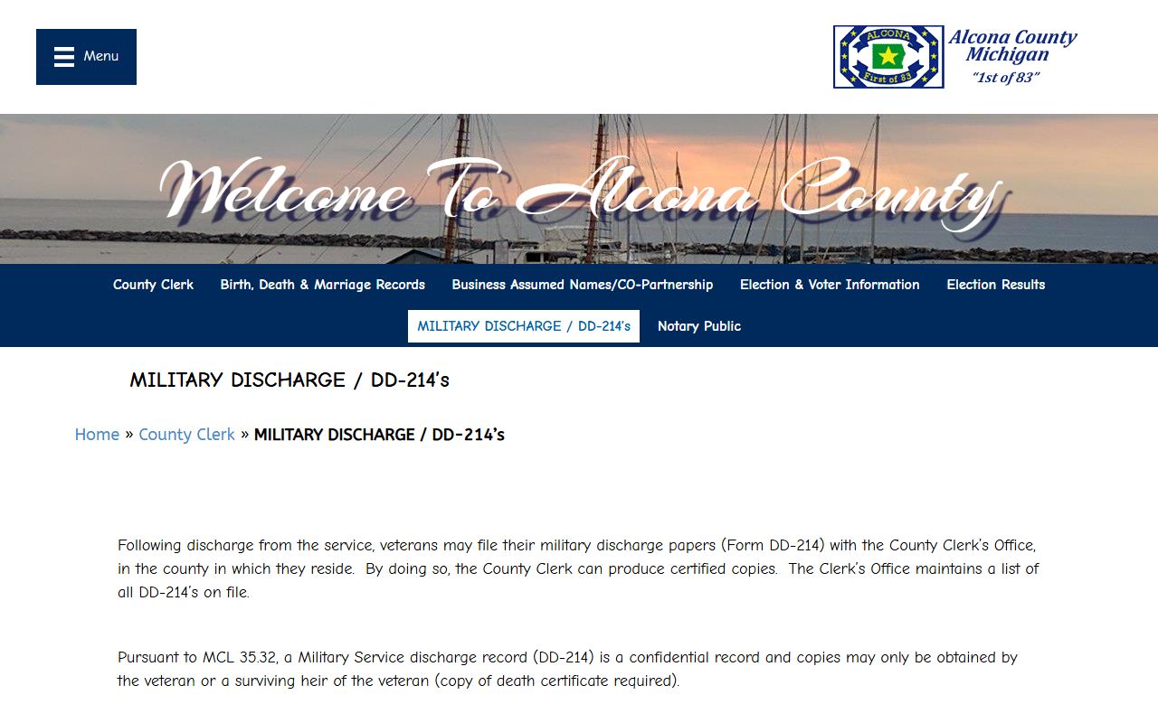 Alcona County Clerk military discharge DD-214 records page