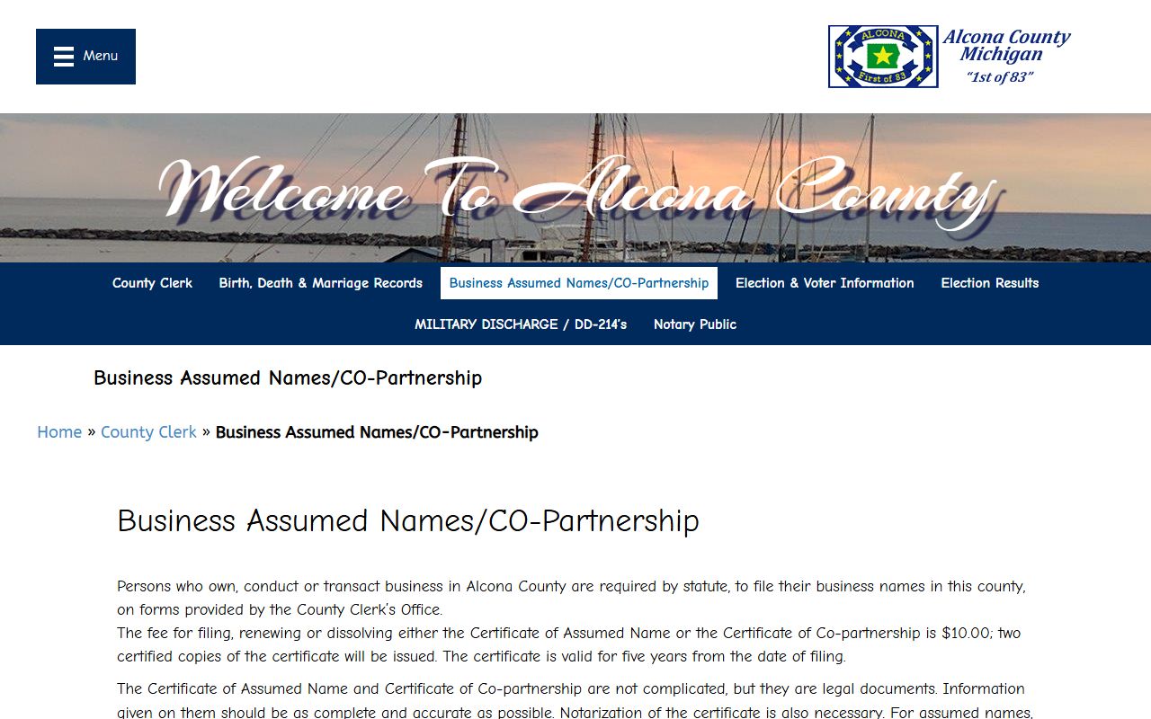 Alcona County Clerk business assumed name records page