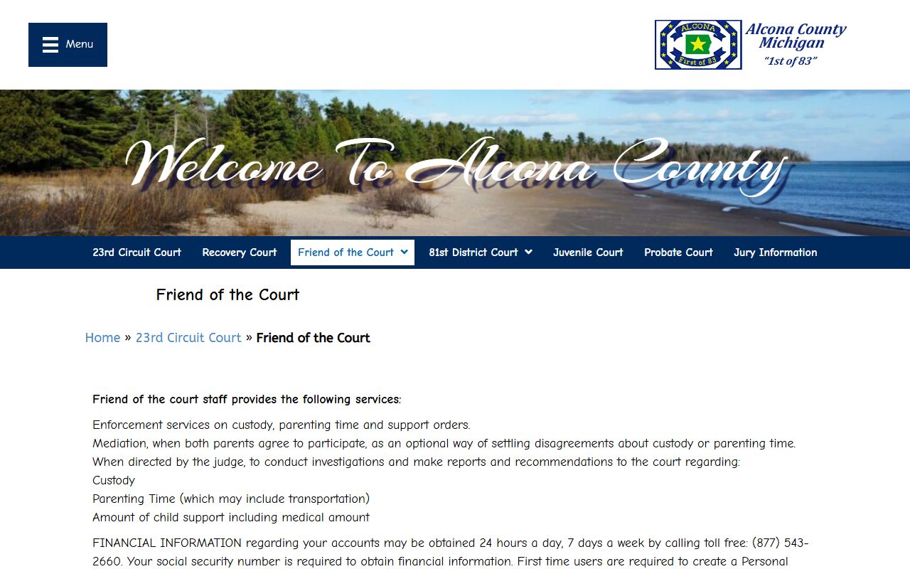 Alcona County court dockets friend of the court office