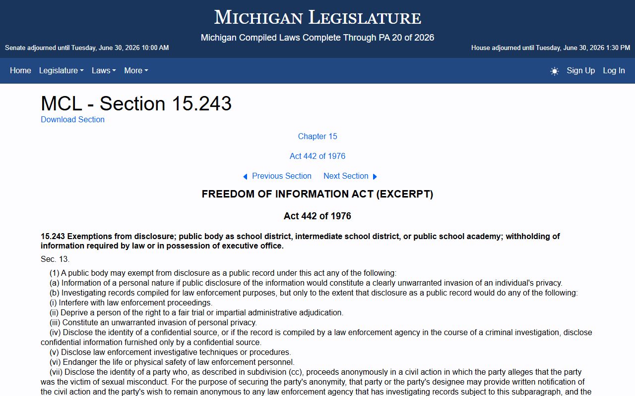 Alcona County court records exemptions under Michigan FOIA statute