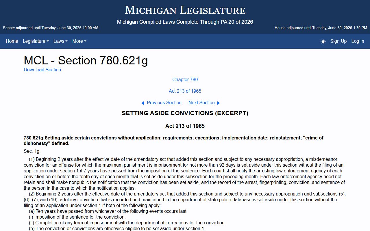 Alcona County criminal court records automatic set-aside law