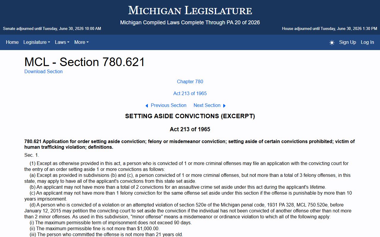 Alcona County District Court Michigan set-aside conviction statute