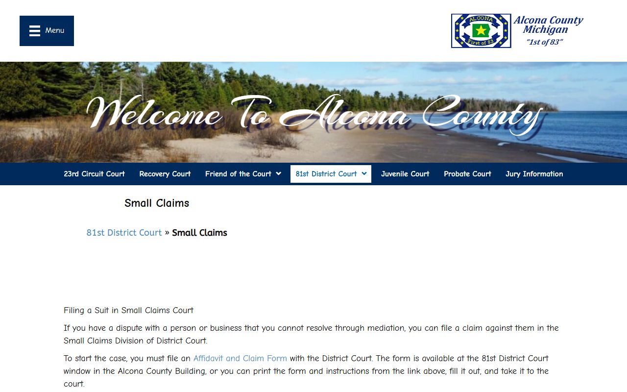 Alcona County District Court small claims filing information