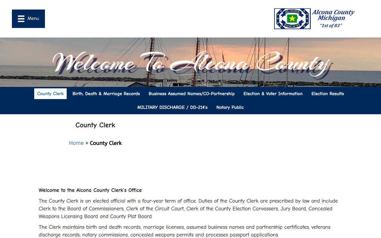 Alcona County Clerk office records, fees, and services page