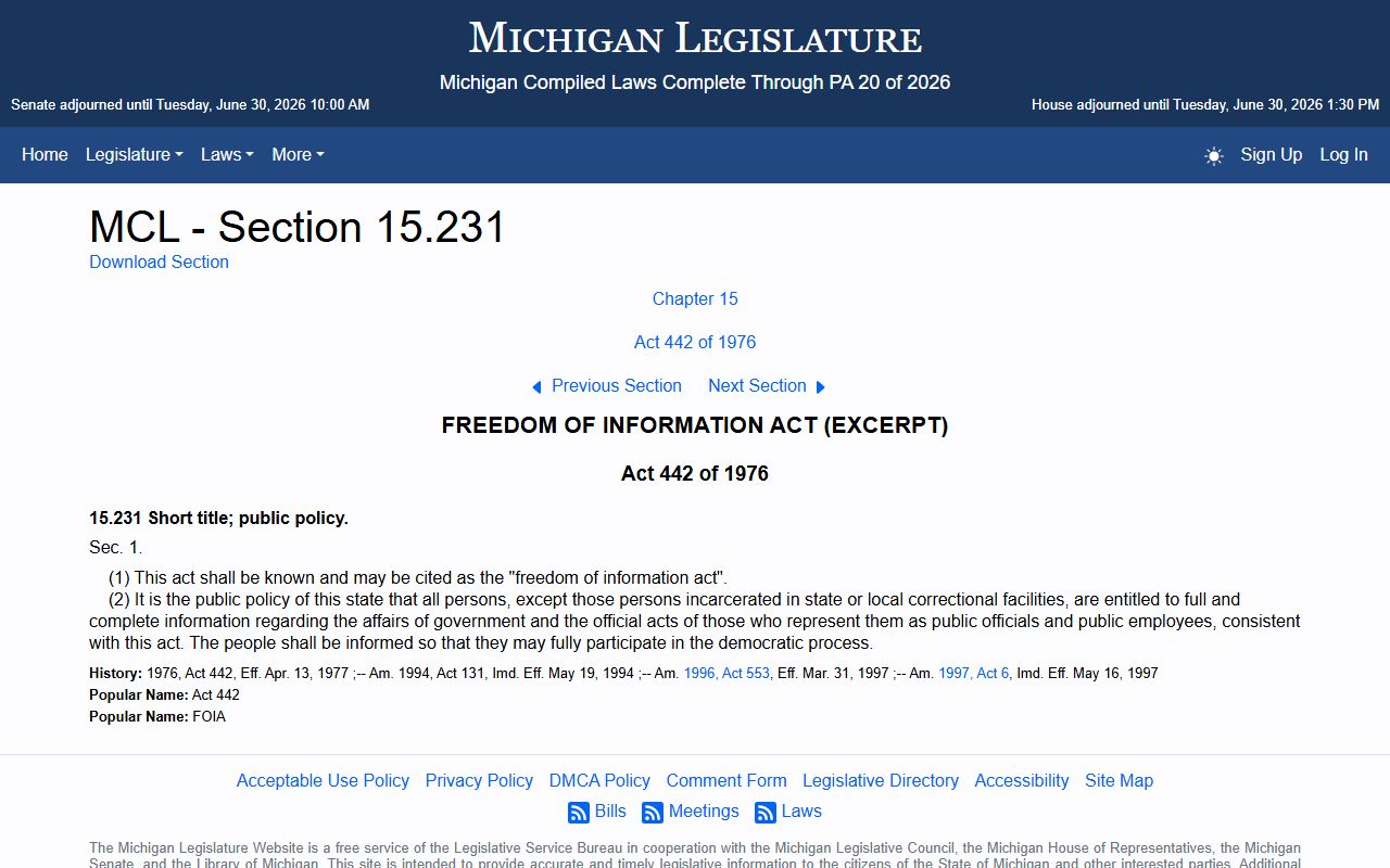 Alcona County public records access under Michigan FOIA policy