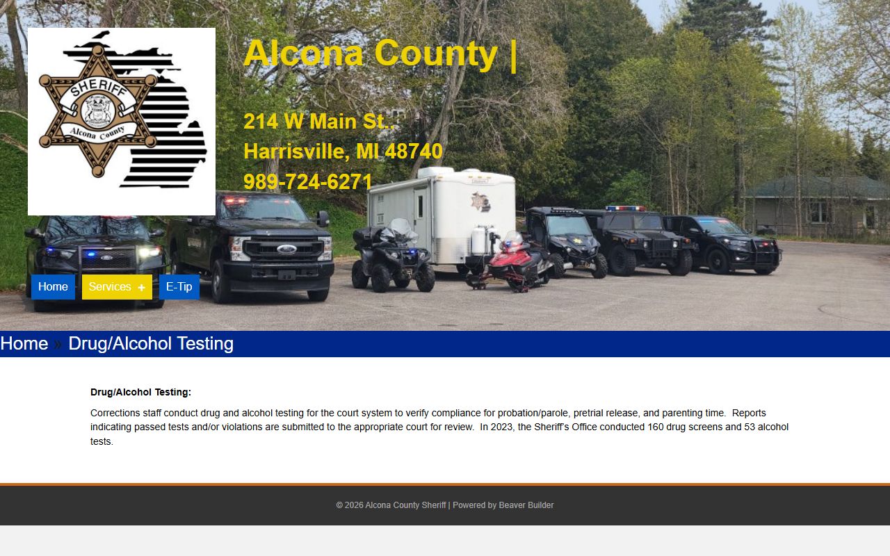 Alcona County inmate booking and court compliance testing by the sheriff