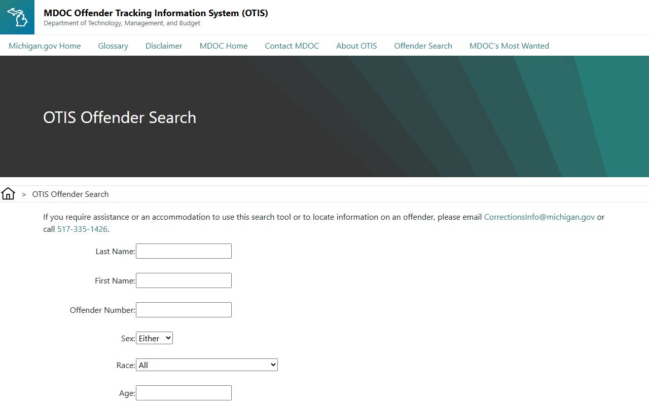 Alcona County inmate search fields on the OTIS offender lookup form