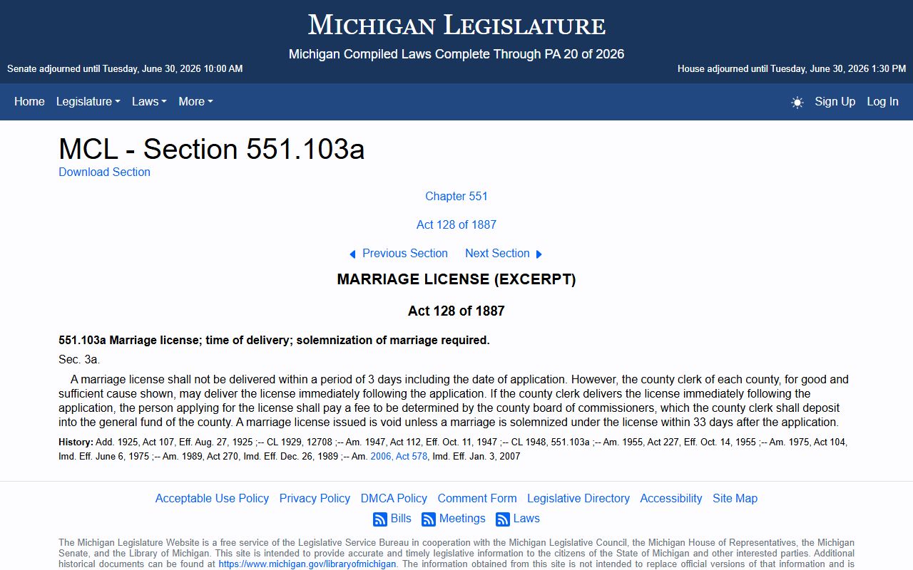 Alcona County marriage records license validity window