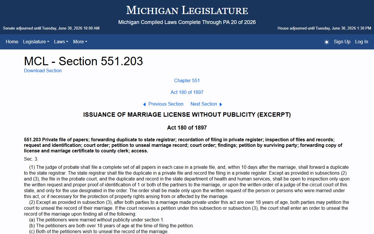 Alcona County marriage records private file statute