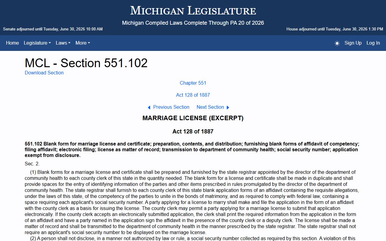 Alcona County marriage records application affidavit fields